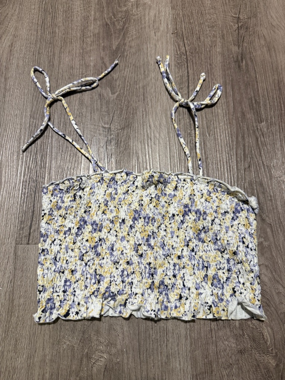 wild fable Yellow & Blue Floral Smocked Tie-Shoulder Crop Top